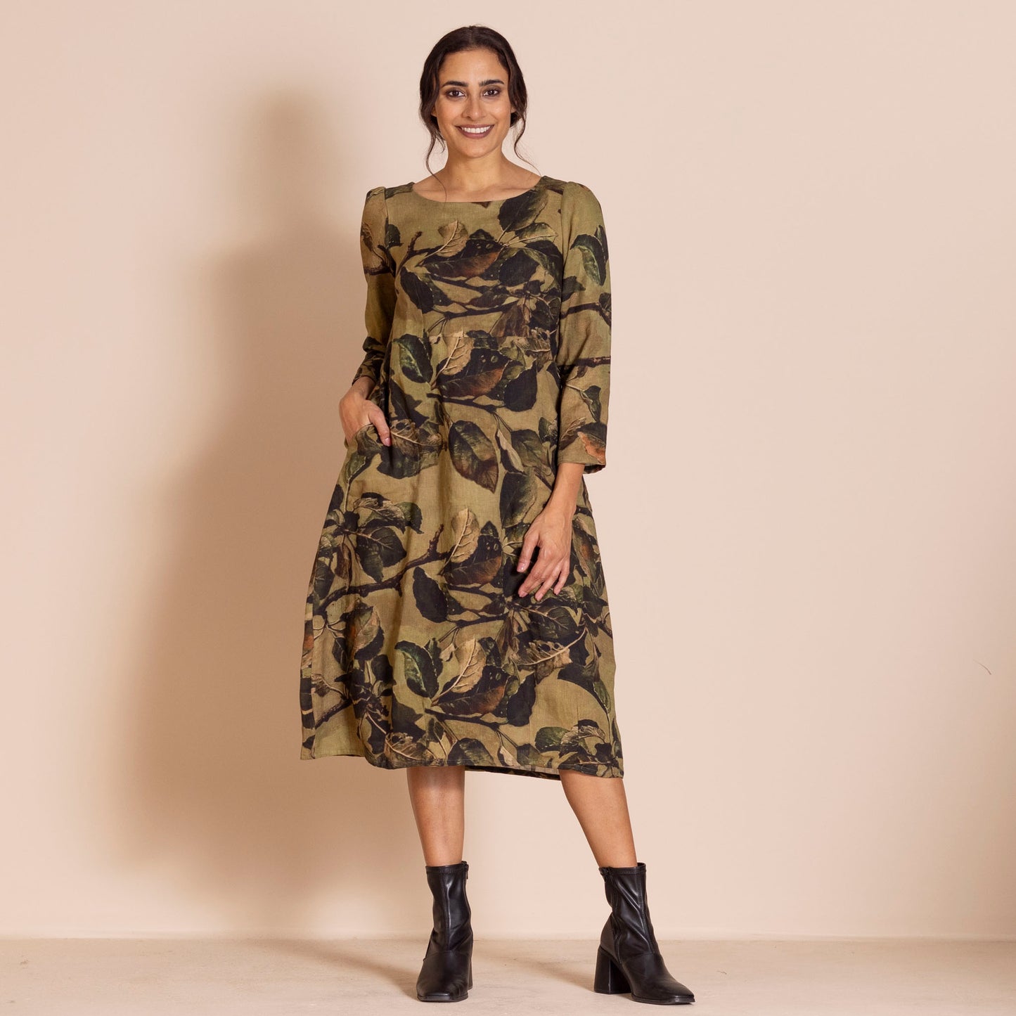 Megan Salmon Romance Linen Dress - Apple Leaves