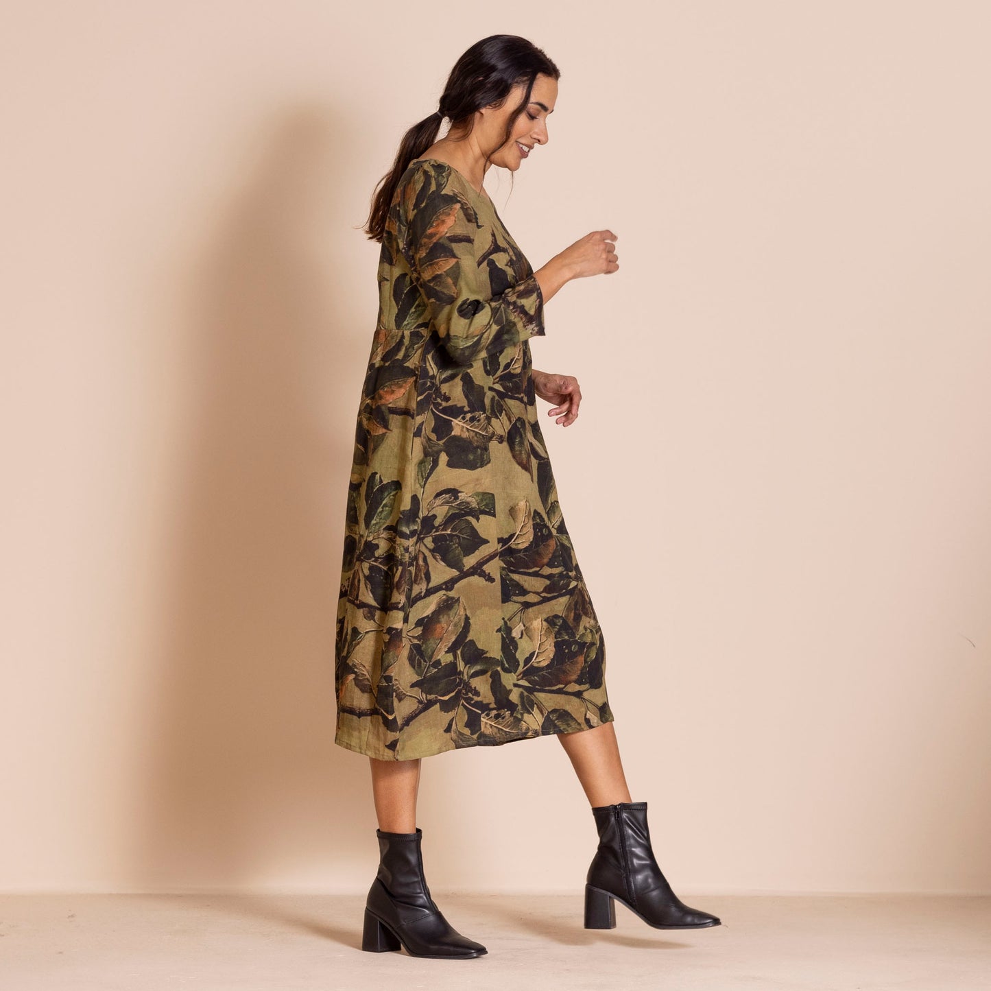 Megan Salmon Romance Linen Dress - Apple Leaves