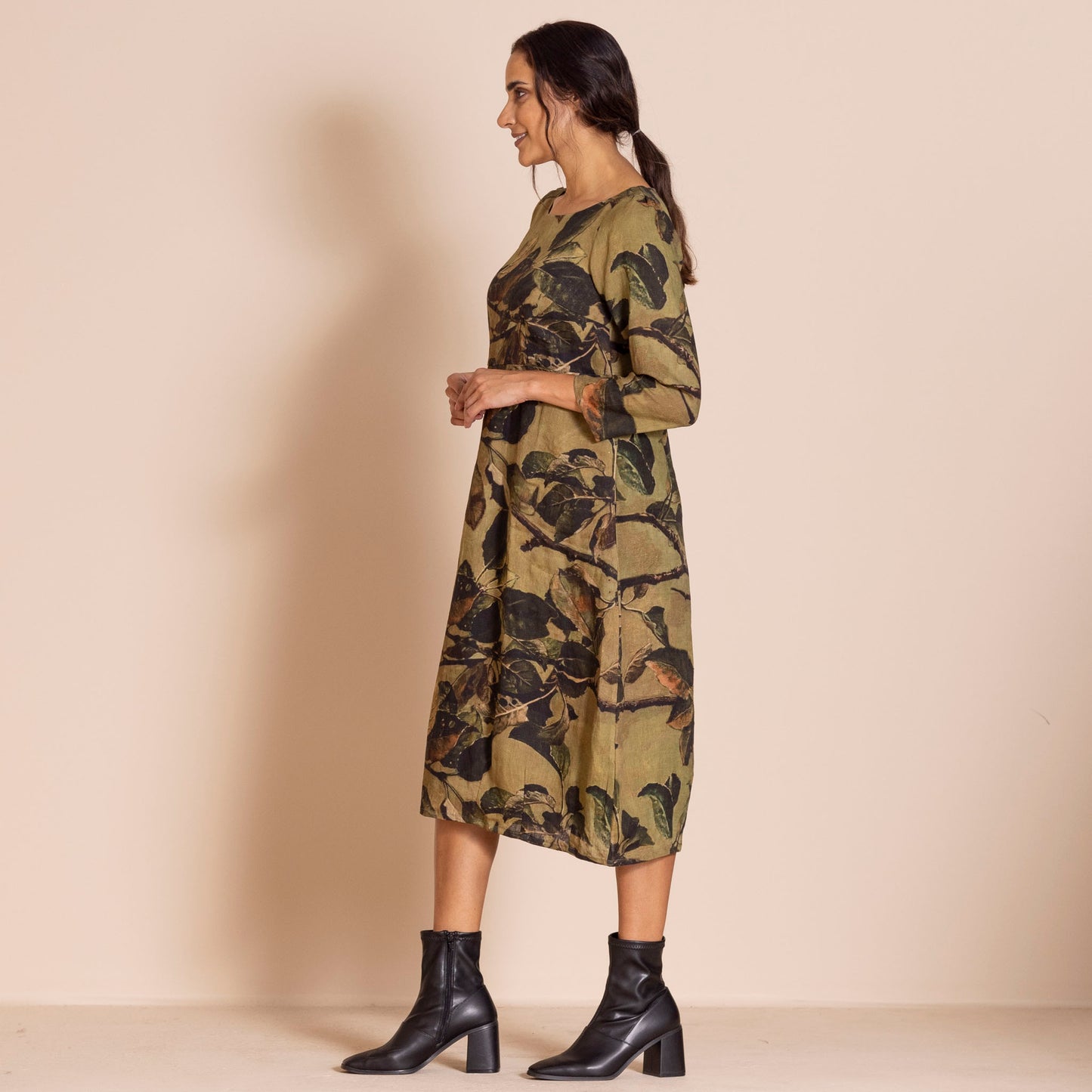 Megan Salmon Romance Linen Dress - Apple Leaves