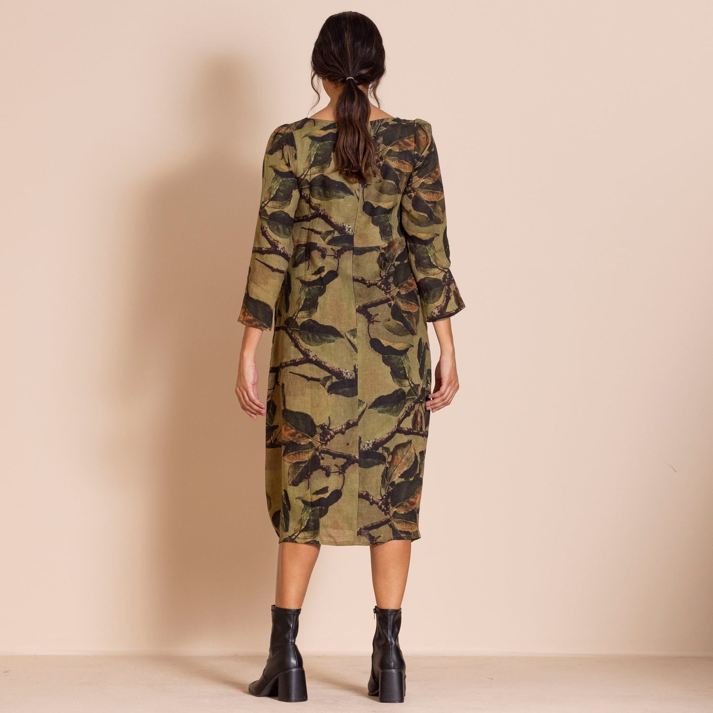 Megan Salmon Romance Linen Dress - Apple Leaves