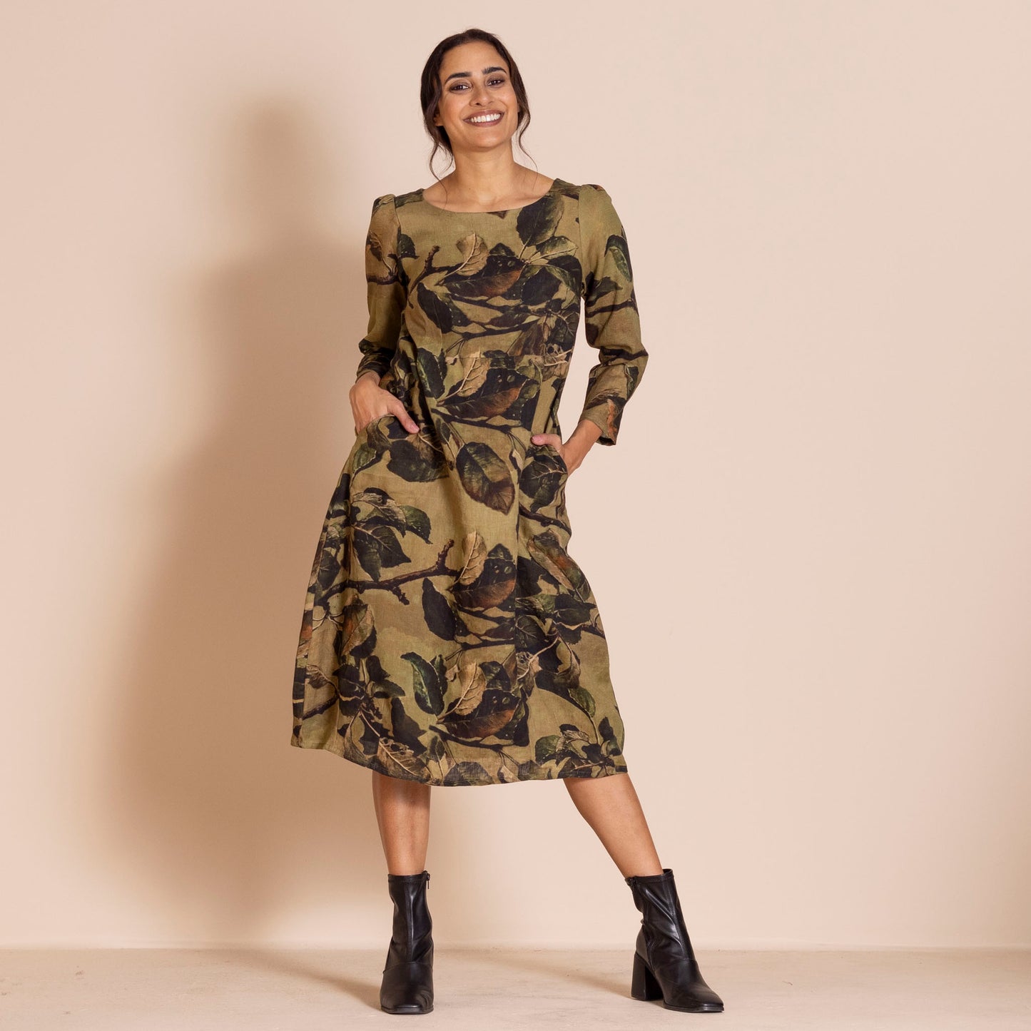 Megan Salmon Romance Linen Dress - Apple Leaves