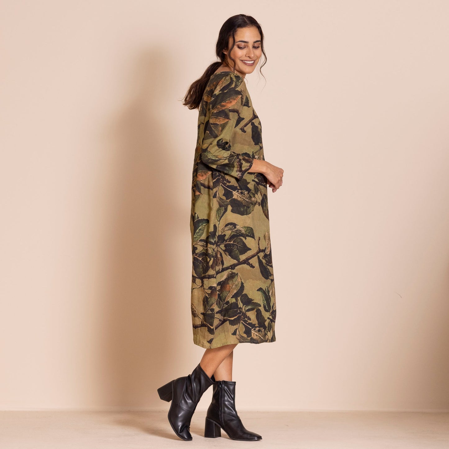Megan Salmon Romance Linen Dress - Apple Leaves