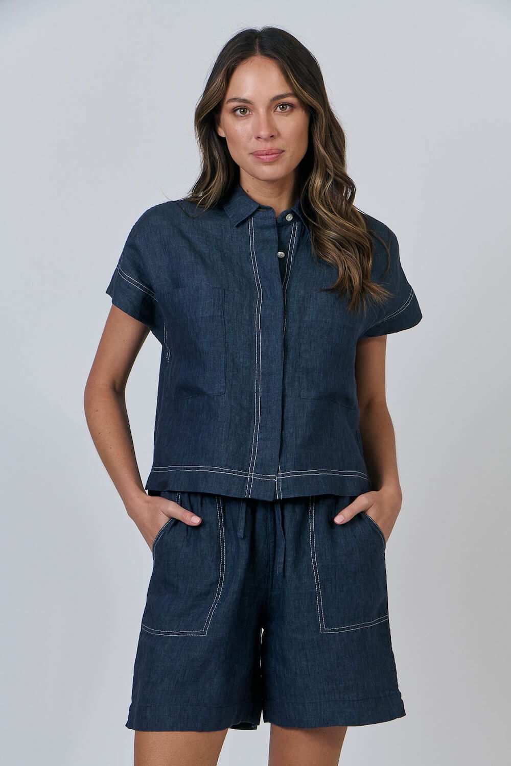 Naturals by O & J - Wide Leg Linen Shorts - Poseidon (GA477)