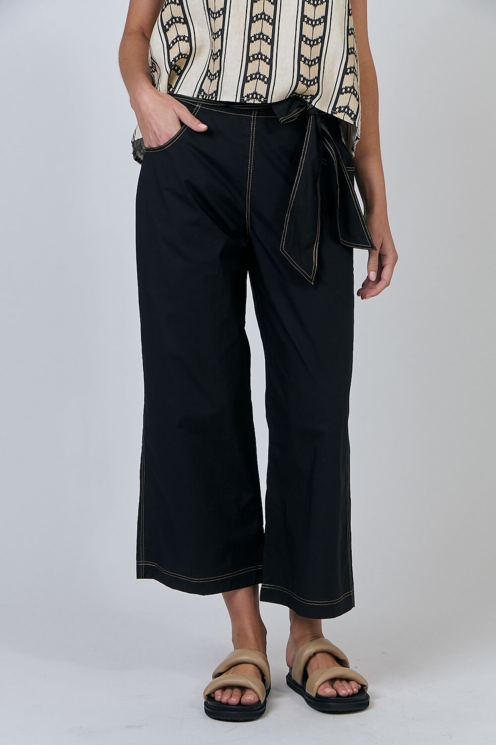 Naturals by O & J - Cotton Poplin Wide Leg Tie Pants - Black (GA567