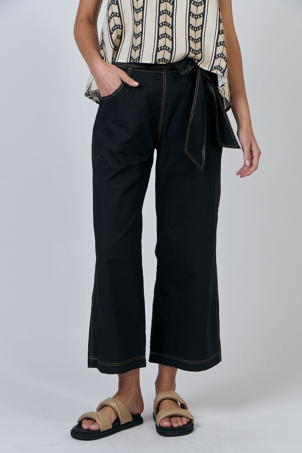 Naturals by O & J - Cotton Poplin Wide Leg Tie Pants - Black (GA567