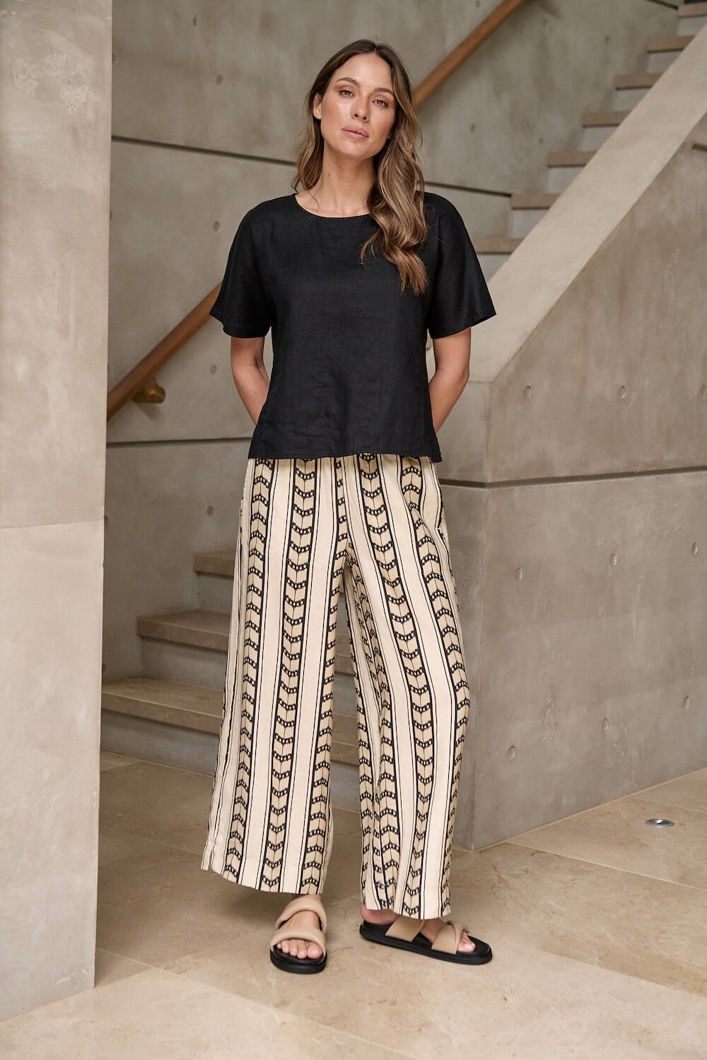 Naturals by O & J - Wide Leg Linen Pants - Chevron (GA578)