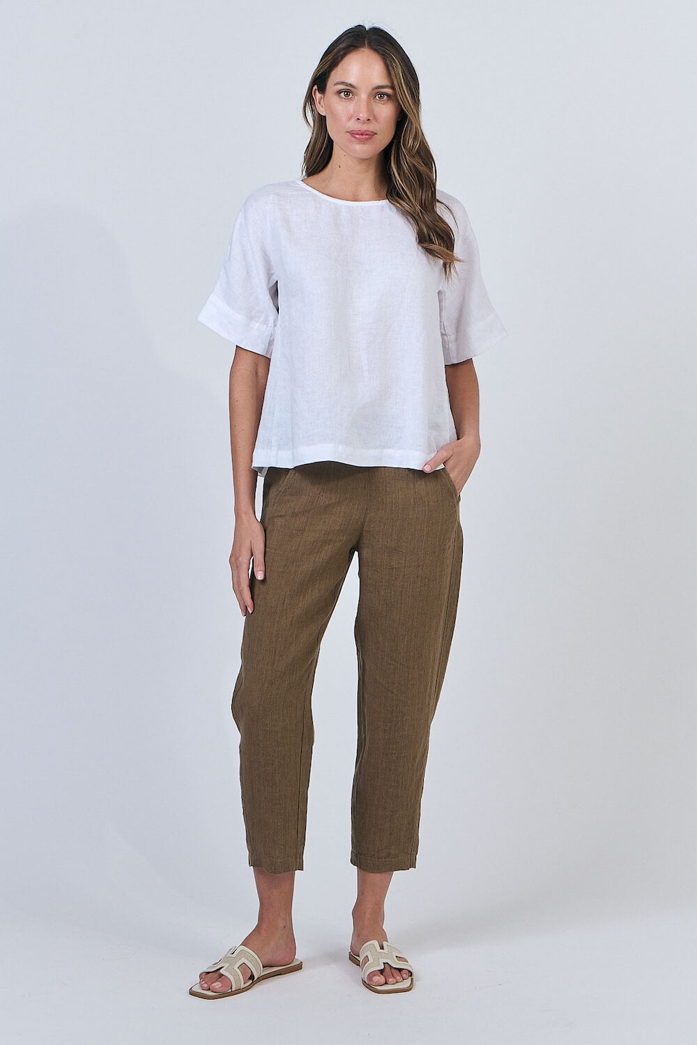 Naturals by O & J - Short Sleeve Linen Top - White (GA585)