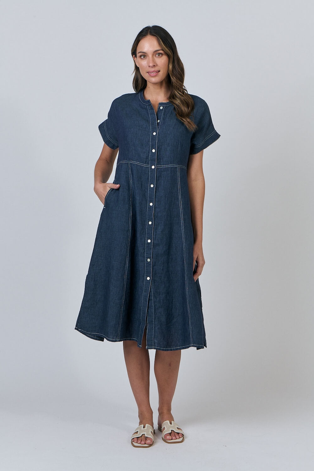 Naturals by O & J - Linen A-Line Dress - Poseidon (GA612)