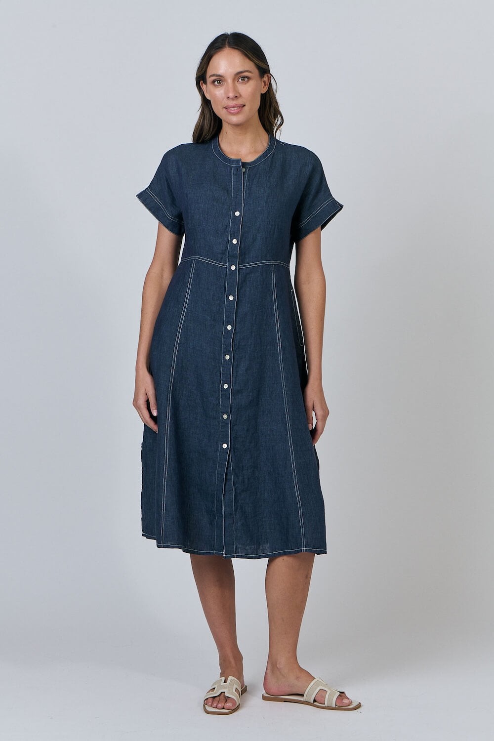 Naturals by O & J - Linen A-Line Dress - Poseidon (GA612)
