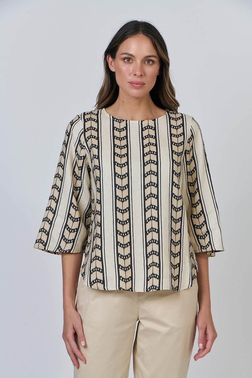 Naturals by O & J - Linen Blouse with 3/4 Sleeves - Chevron (GA636)