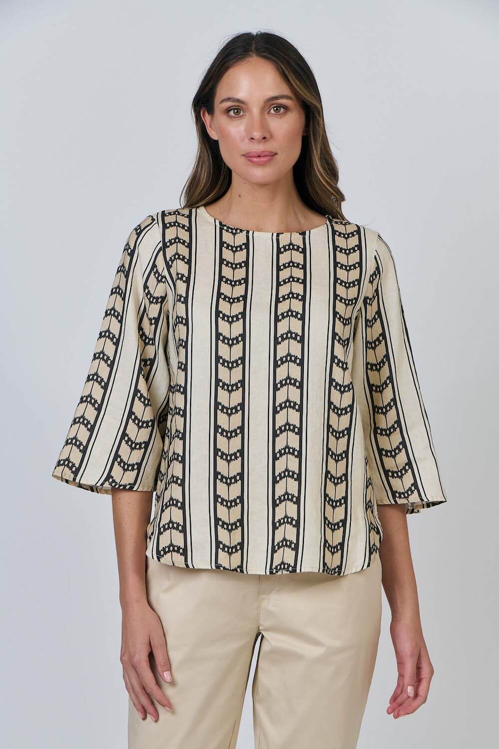 Naturals by O & J - Linen Blouse with 3/4 Sleeves - Chevron (GA636)