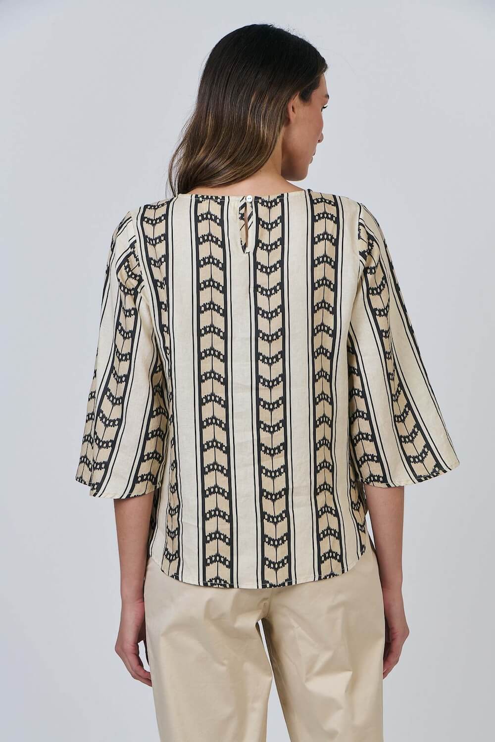 Naturals by O & J - Linen Blouse with 3/4 Sleeves - Chevron (GA636)