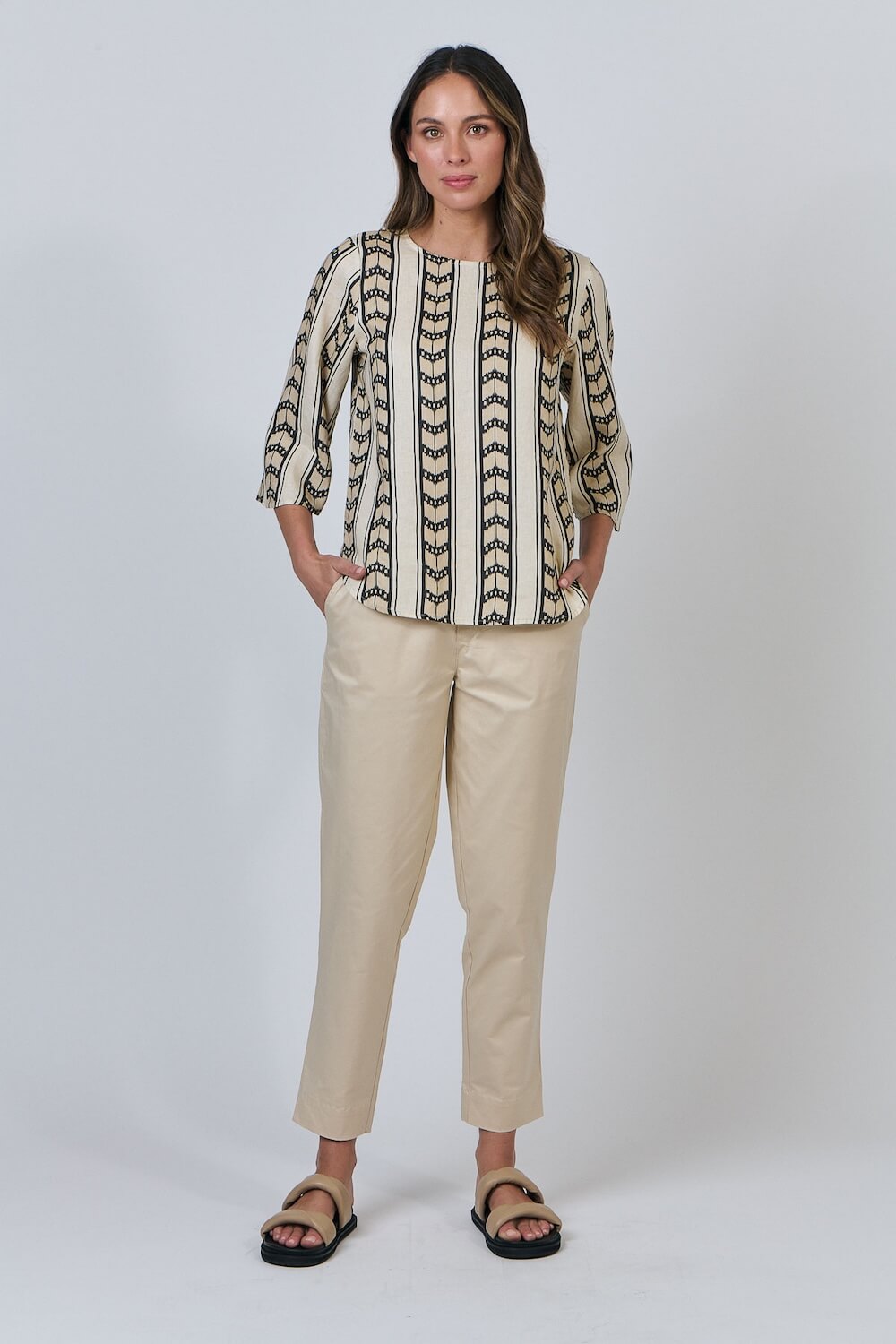 Naturals by O & J - Linen Blouse with 3/4 Sleeves - Chevron (GA636)