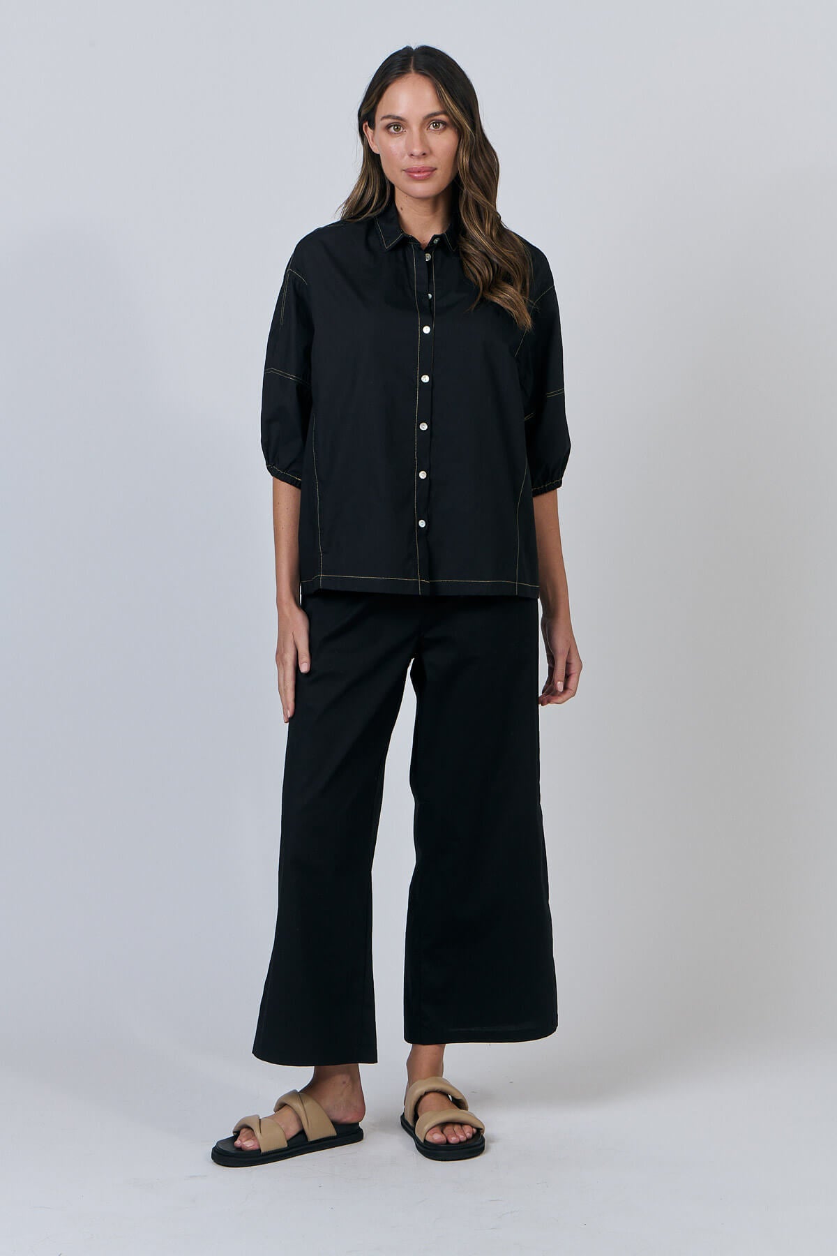 Naturals by O & J - Cotton Poplin Button Up Blouse - Black (GA638)