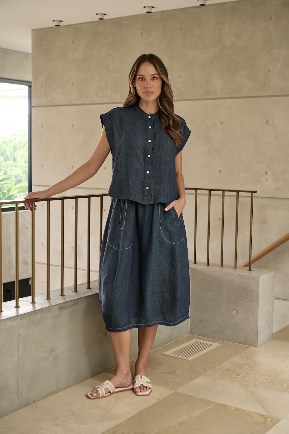 Naturals by O & J - Midi Linen Skirt (GA639) - Poseidon