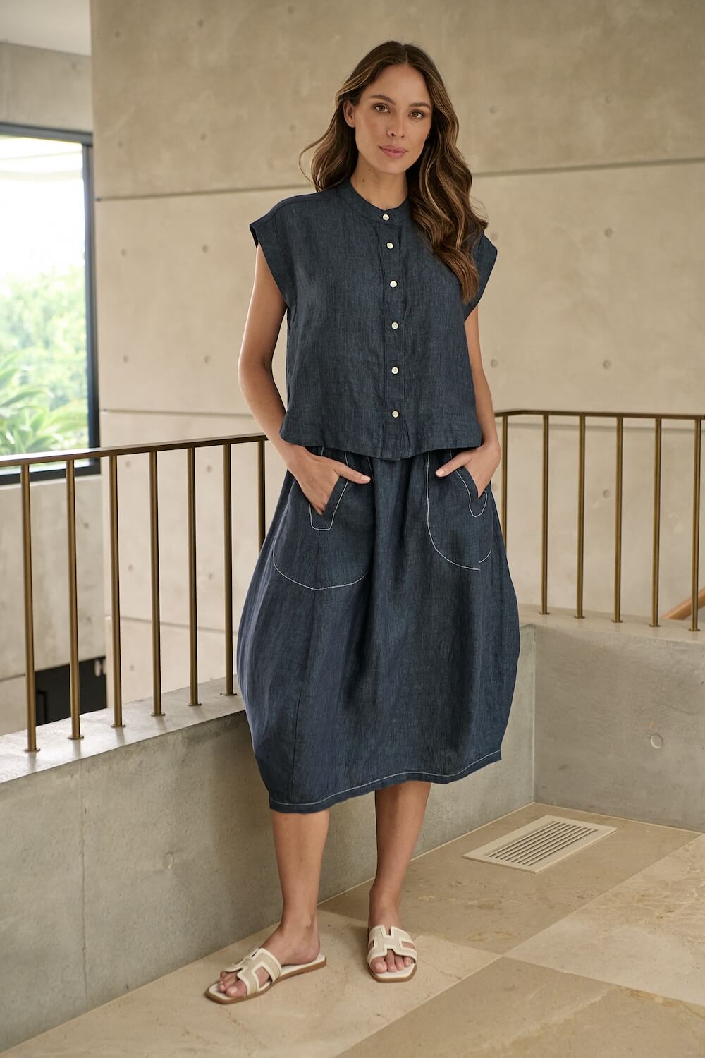 Naturals by O & J - Midi Linen Skirt (GA639) - Poseidon