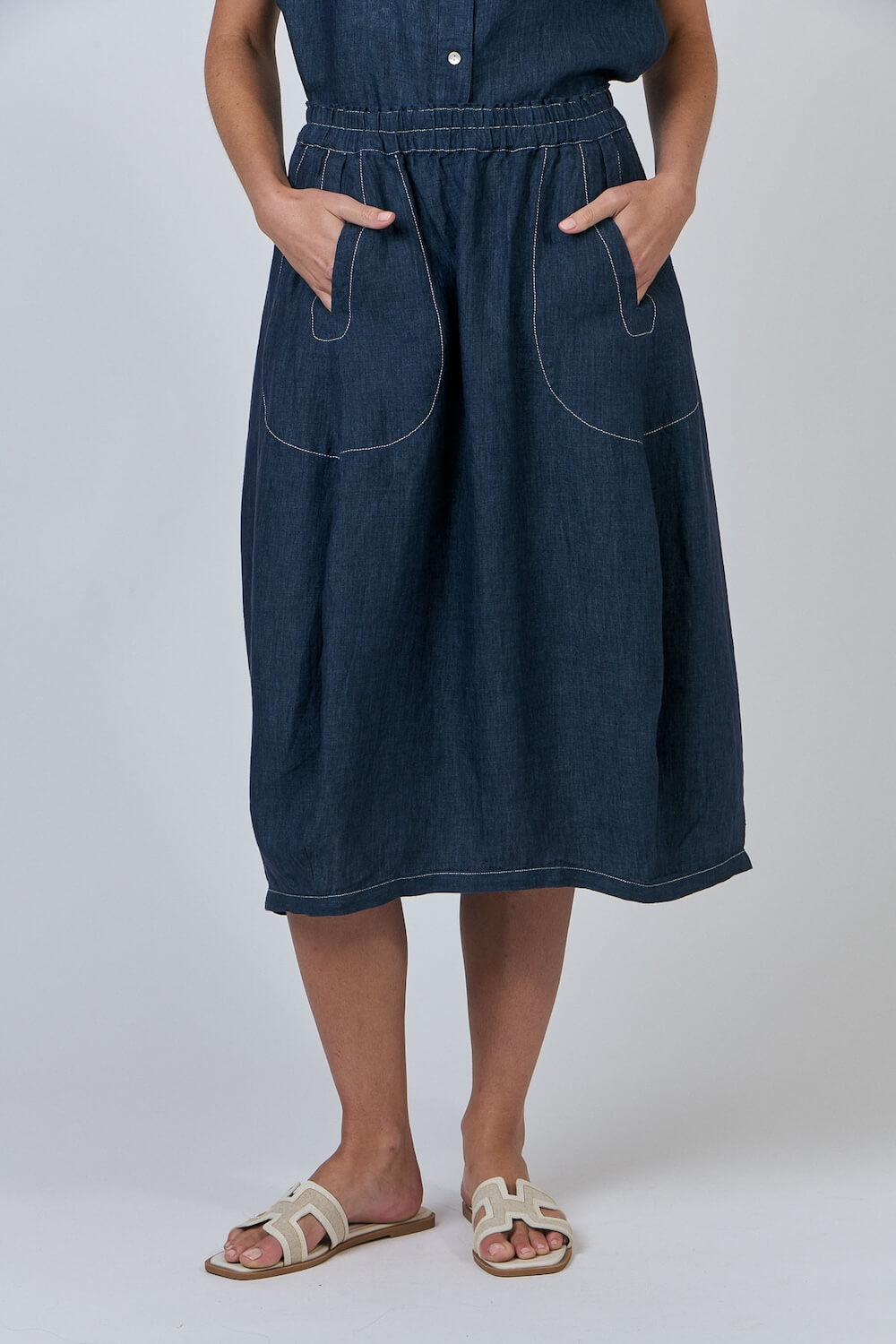 Naturals by O & J - Midi Linen Skirt (GA639) - Poseidon