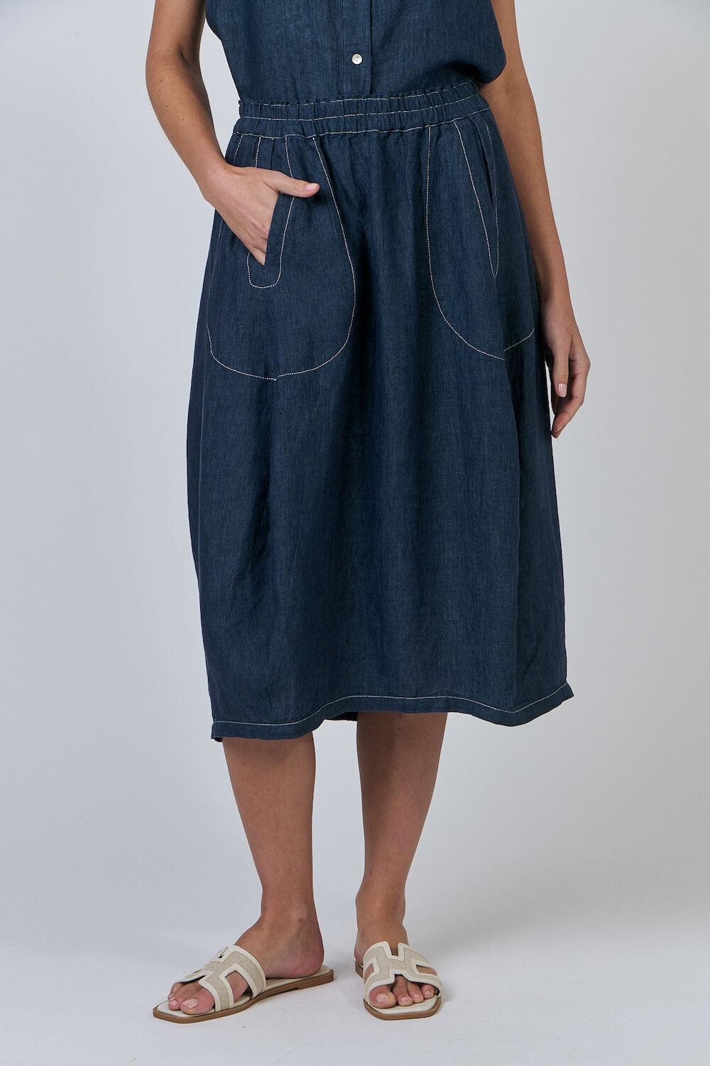 Naturals by O & J - Midi Linen Skirt (GA639) - Poseidon