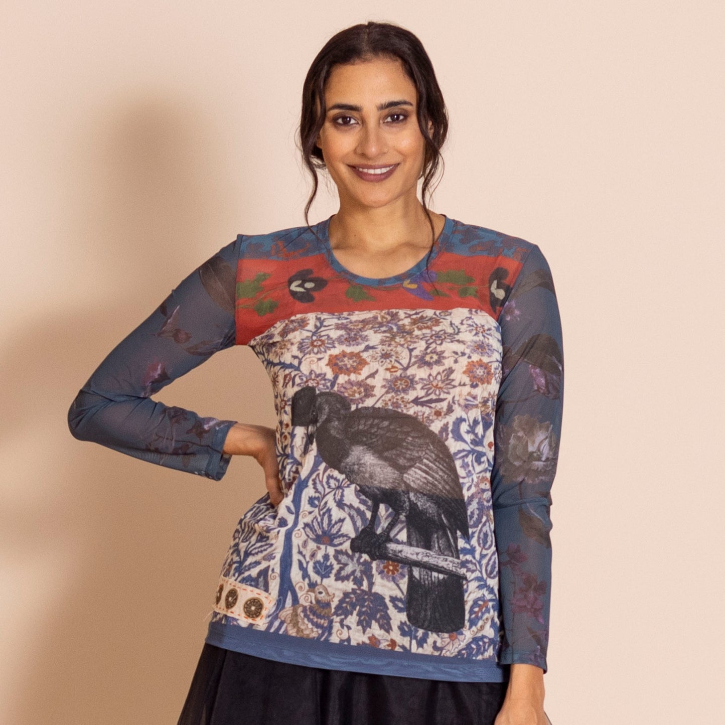 Megan Salmon Parrot Mesh Tee