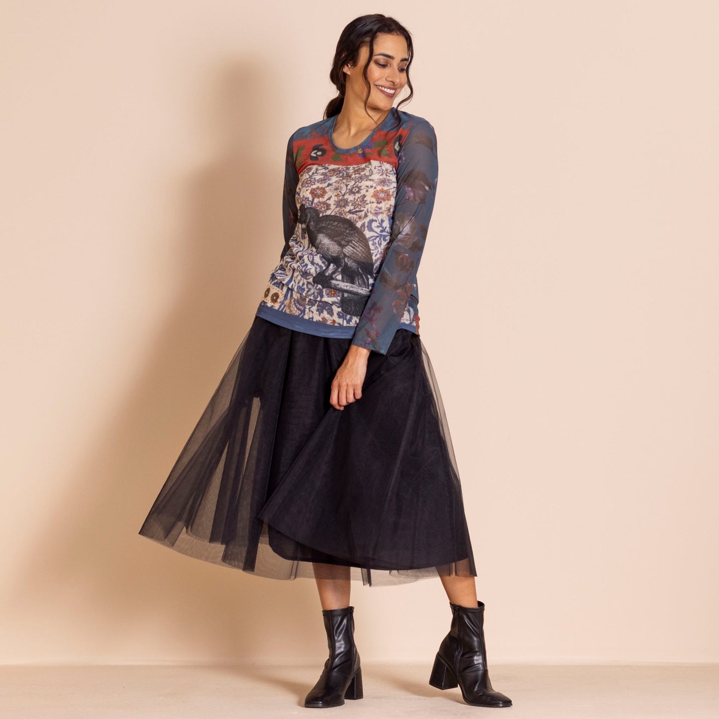 Megan Salmon Parrot Mesh Tee
