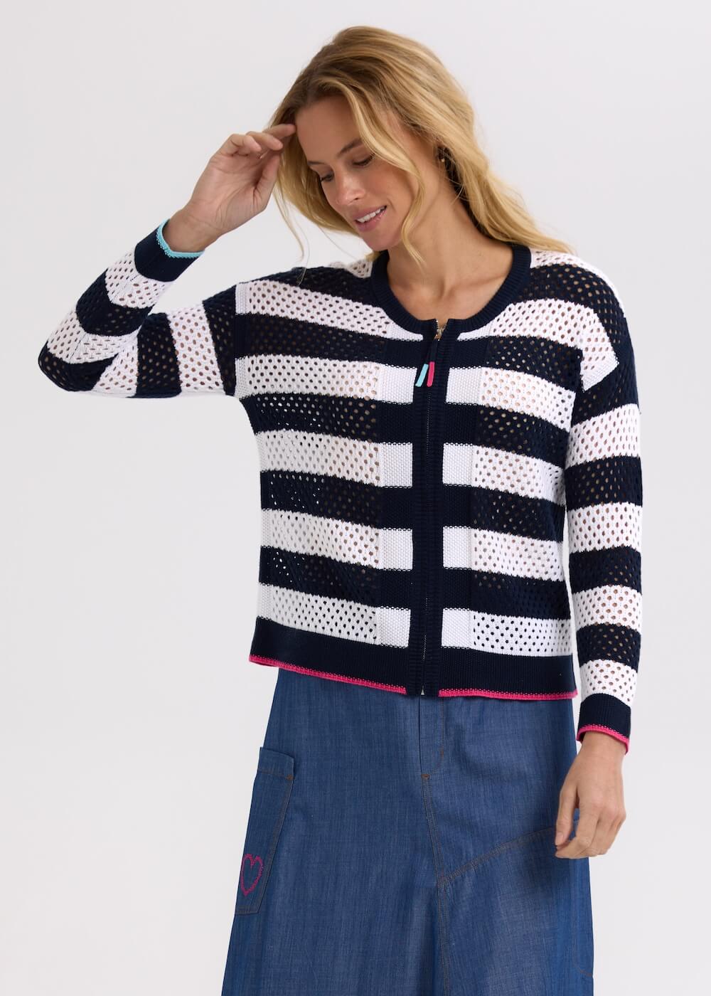 Zaket & Plover - Pointelle Zip Cardi - Navy ZP7718