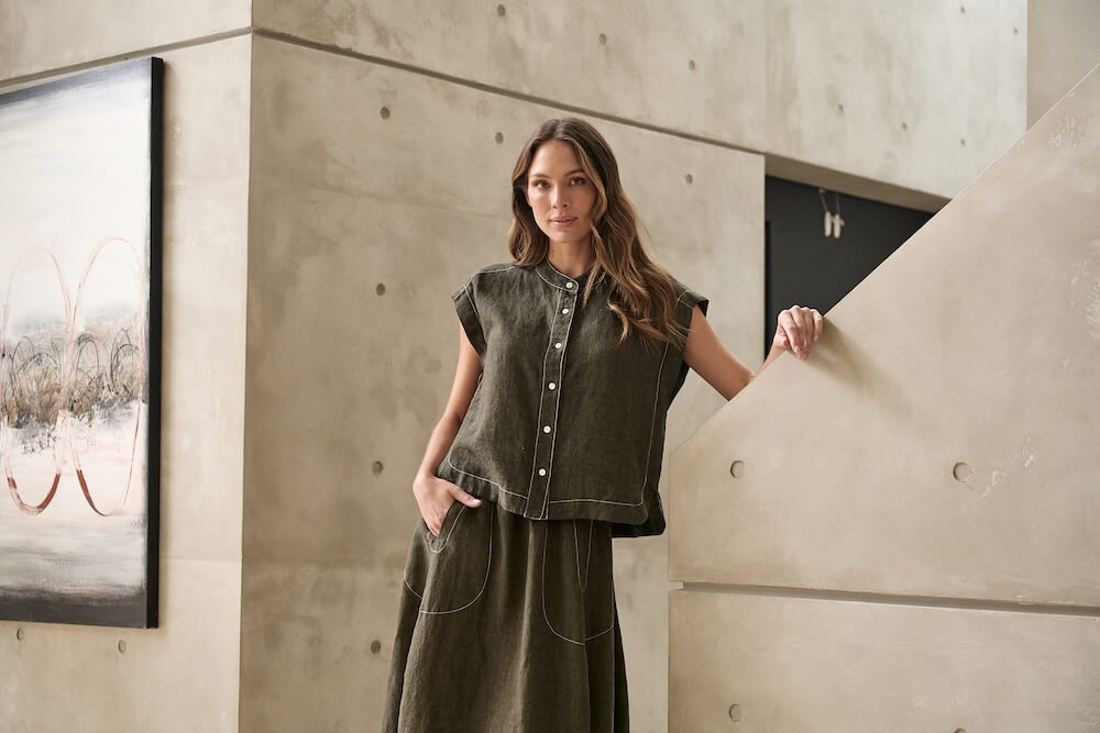 Naturals by O & J - Cap Sleeve Linen Button Up Blouse - Licorice (GA429)