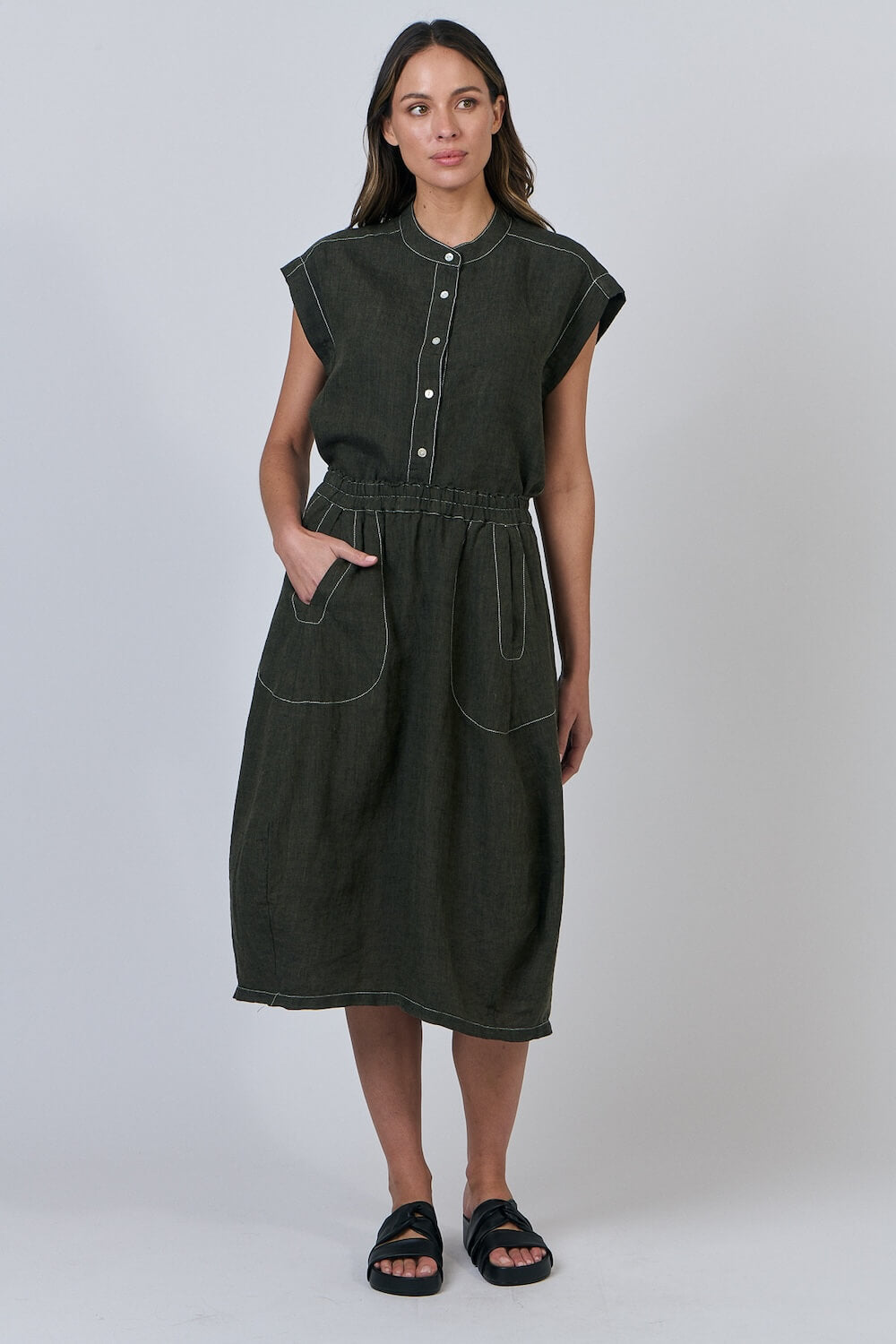 Naturals by O & J - Cap Sleeve Linen Button Up Blouse - Licorice (GA429)