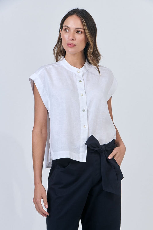 Naturals by O & J - Cap Sleeve Linen Button Up Blouse - White (GA429)