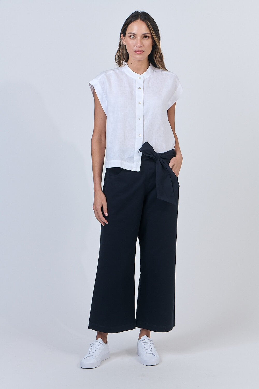 Naturals by O & J - Cap Sleeve Linen Button Up Blouse - White (GA429)