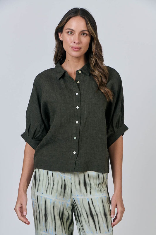 Naturals by O & J - Button-Up Linen Blouse - Licorice (GA471)
