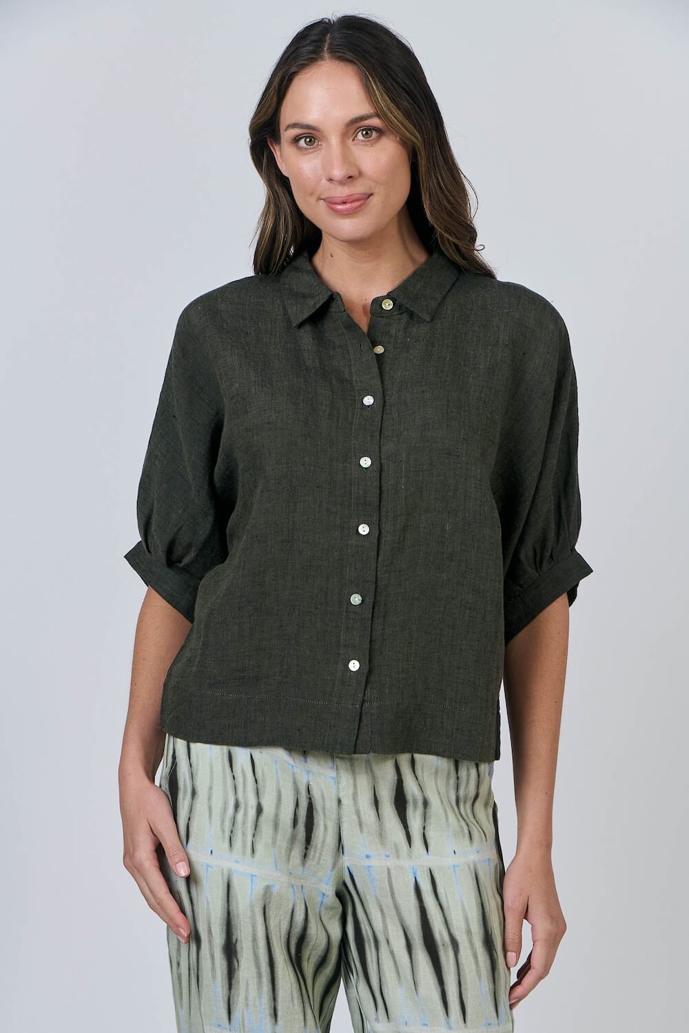Naturals by O & J - Button-Up Linen Blouse - Licorice (GA471)
