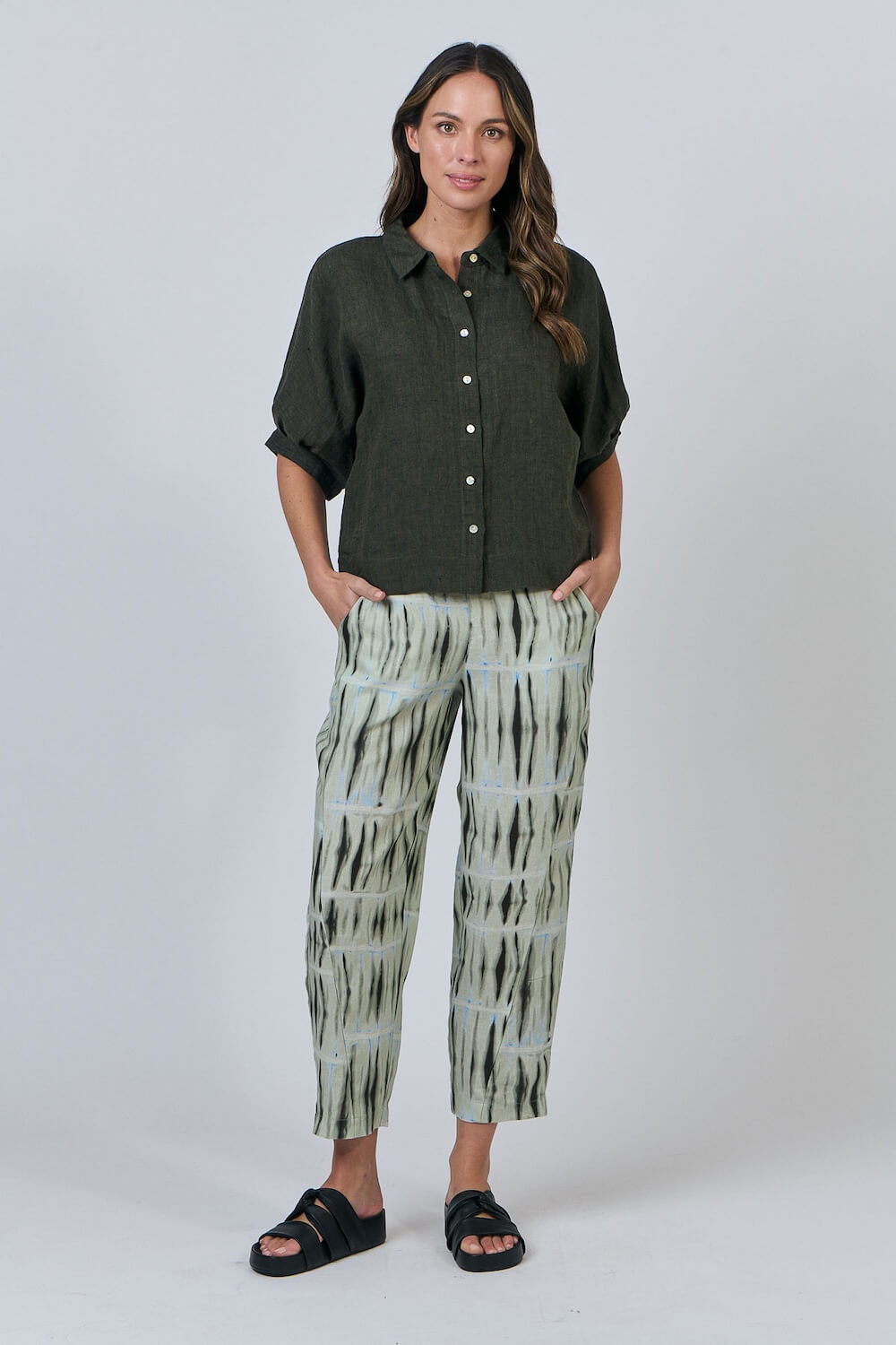 Naturals by O & J - Button-Up Linen Blouse - Licorice (GA471)