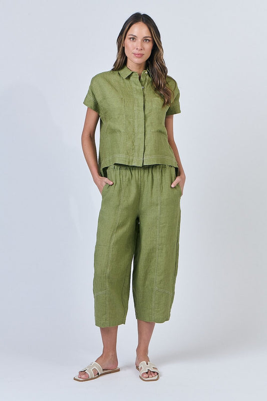 Naturals by O & J - Straight Leg 3/4 Linen Pants - Moss (GA476)