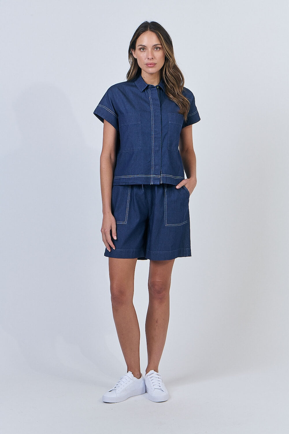 Naturals by O & J - Short Sleeve Cotton Button Up Shirt - Chambray (GA533)