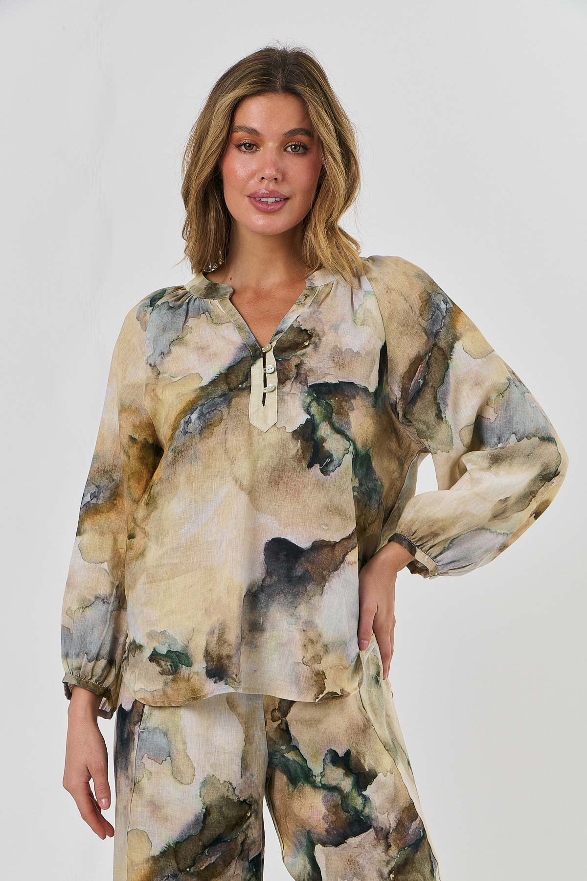 Naturals by O & J Linen Blouse - Marble (GA577)