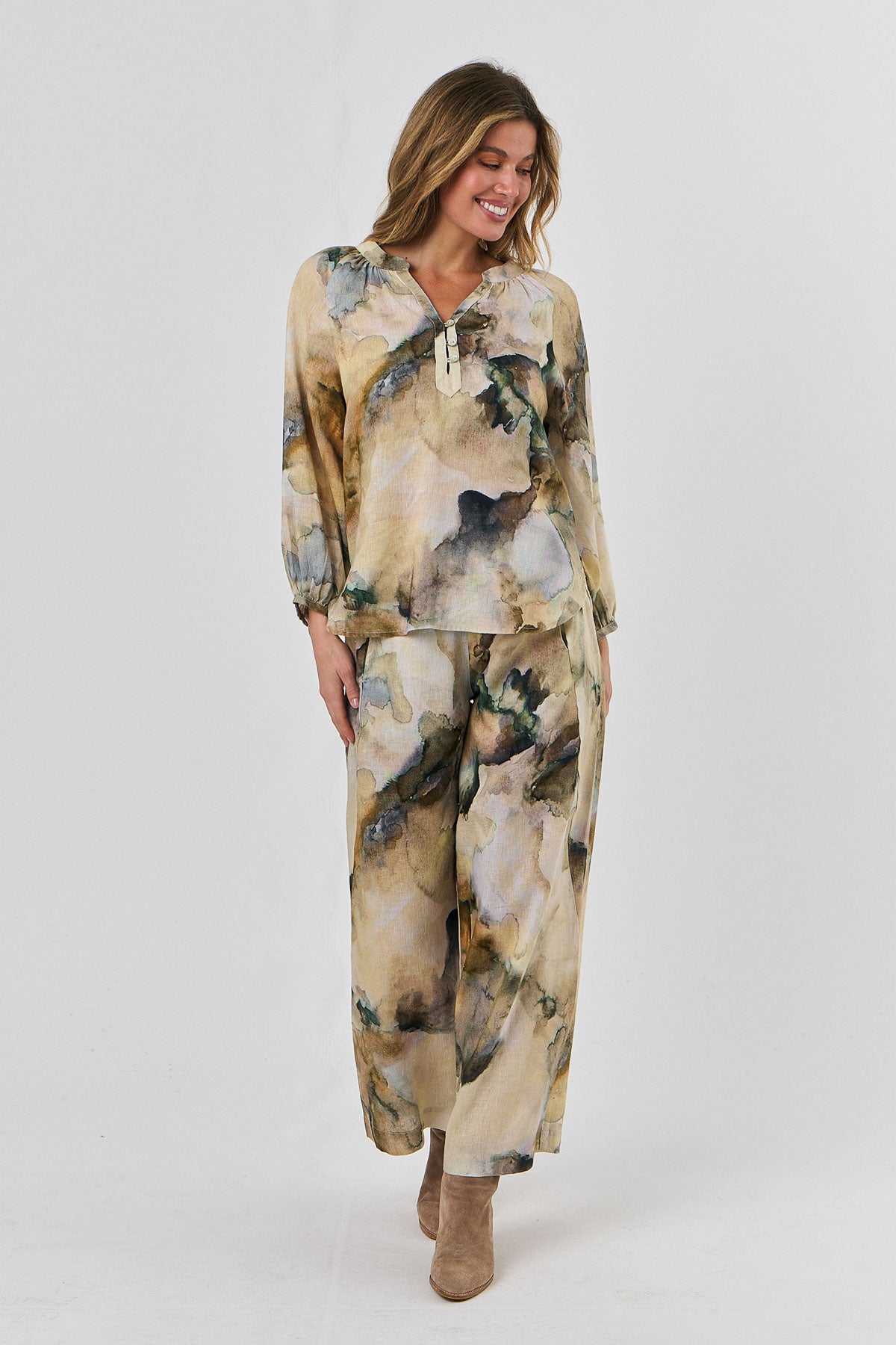 Naturals by O & J Linen Blouse - Marble (GA577)