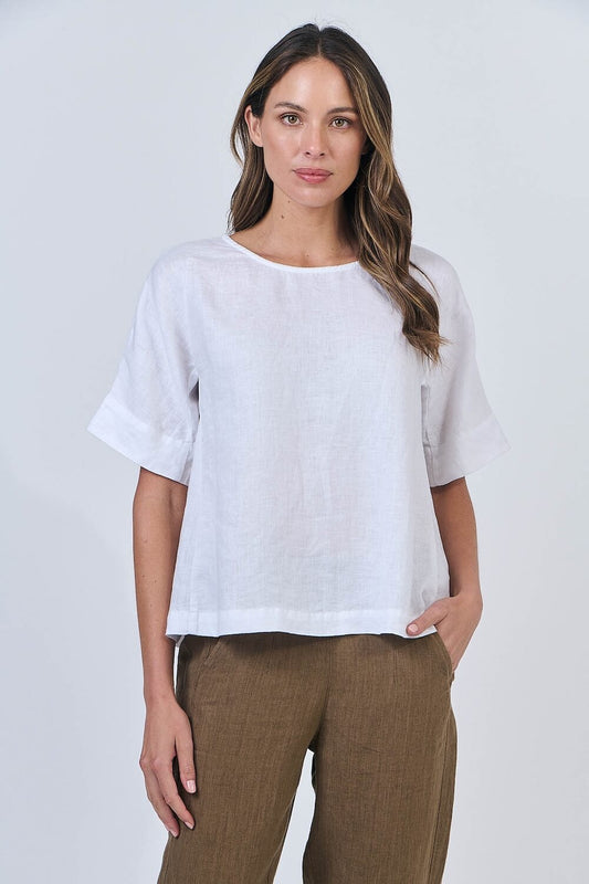 Naturals by O & J - Short Sleeve Linen Top - White (GA585)