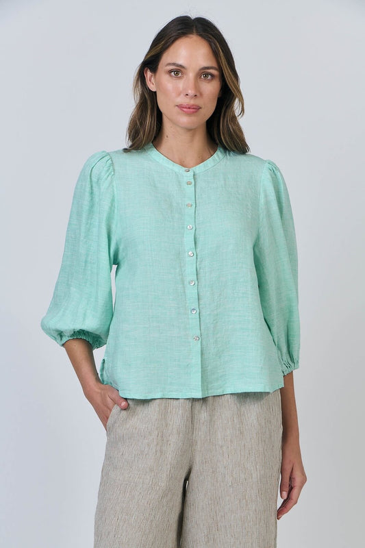 Naturals by O & J - Linen Blouse with Puff Sleeves - Mint (GA590)