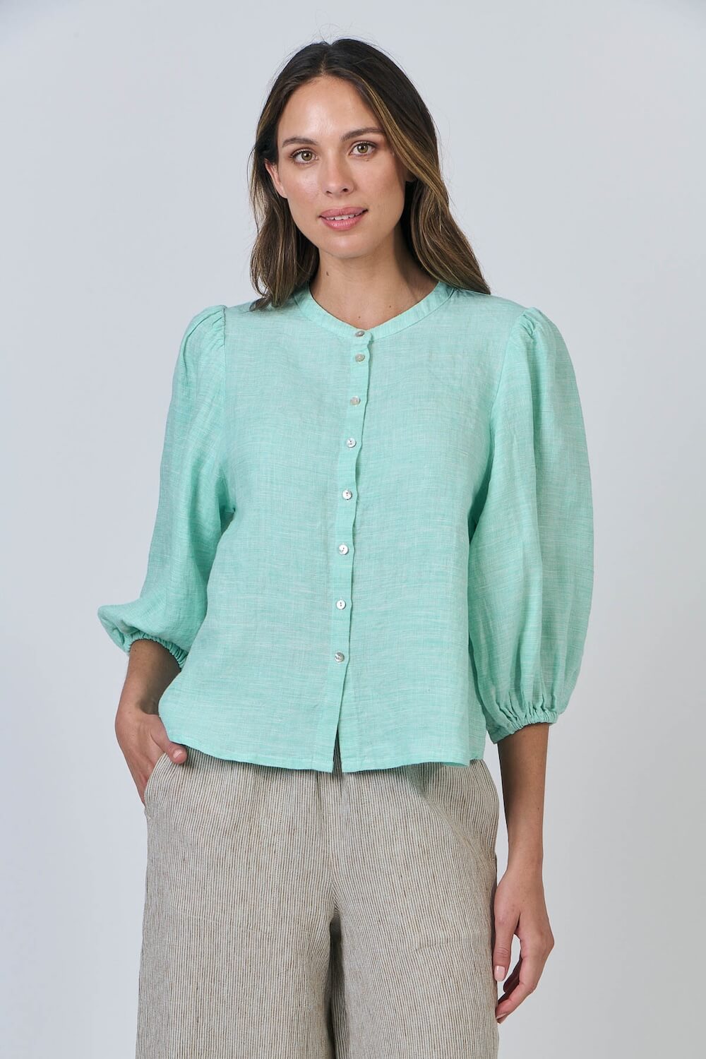Naturals by O & J - Linen Blouse with Puff Sleeves - Mint (GA590)