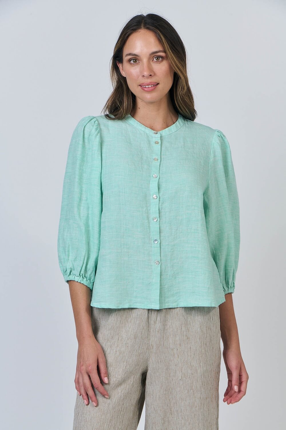 Naturals by O & J - Linen Blouse with Puff Sleeves - Mint (GA590)