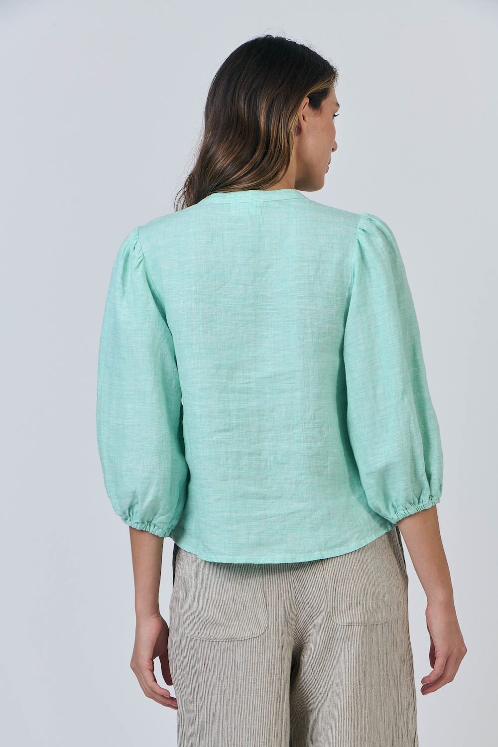 Naturals by O & J - Linen Blouse with Puff Sleeves - Mint (GA590)