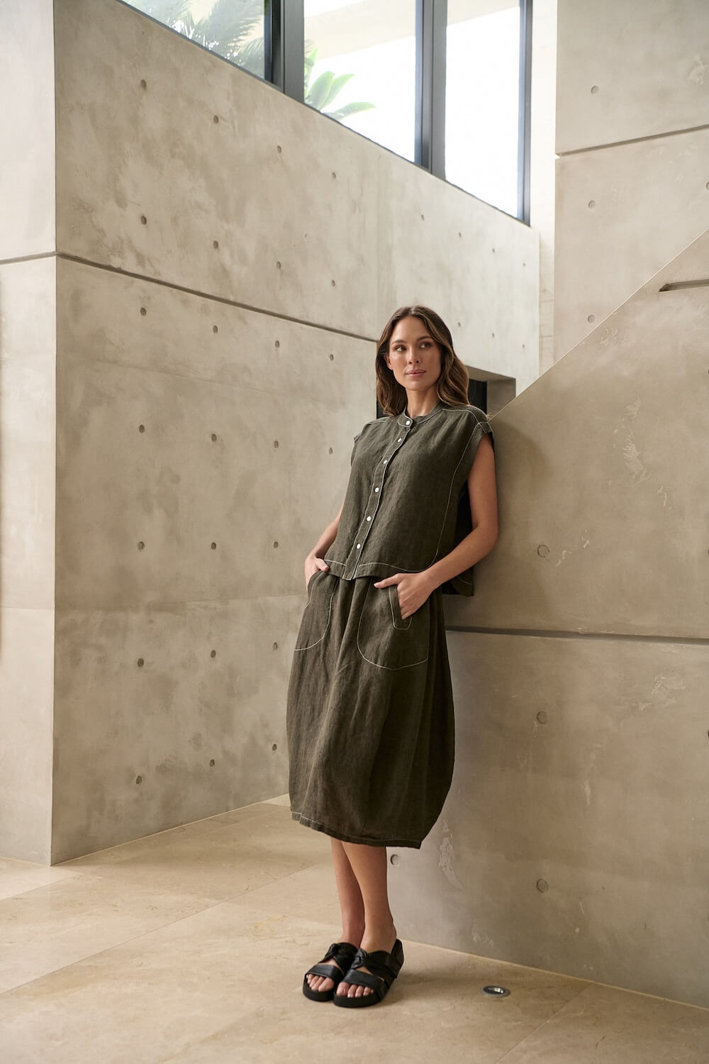 Naturals by O & J - Midi Linen Skirt (GA639) - Licorice