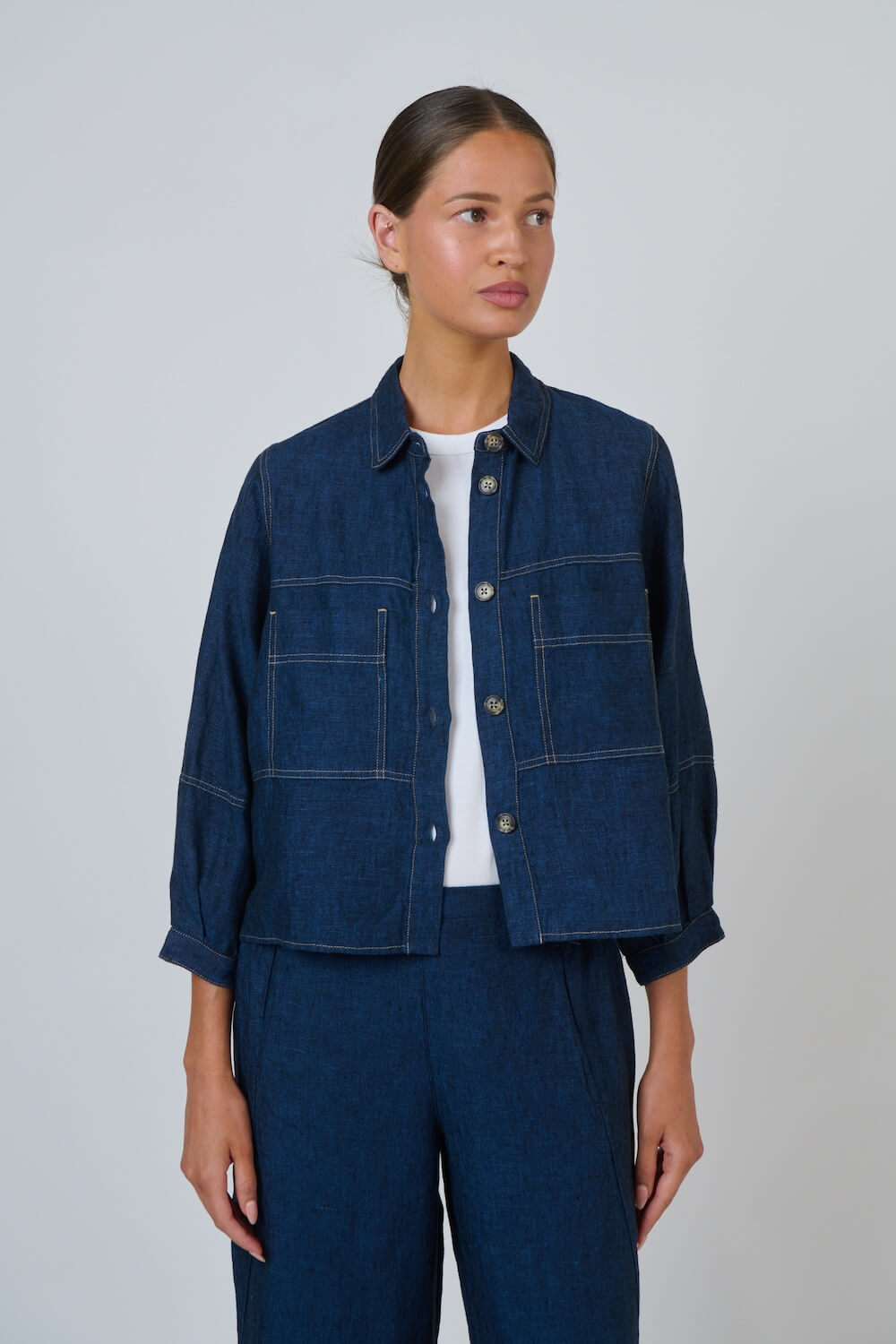 Naturals by O & J - Button Up Linen Jacket (GA598) - Eclipse