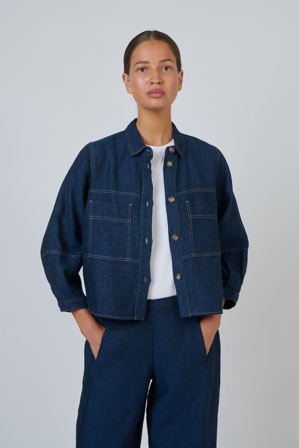 Naturals by O & J - Button Up Linen Jacket (GA598) - Eclipse