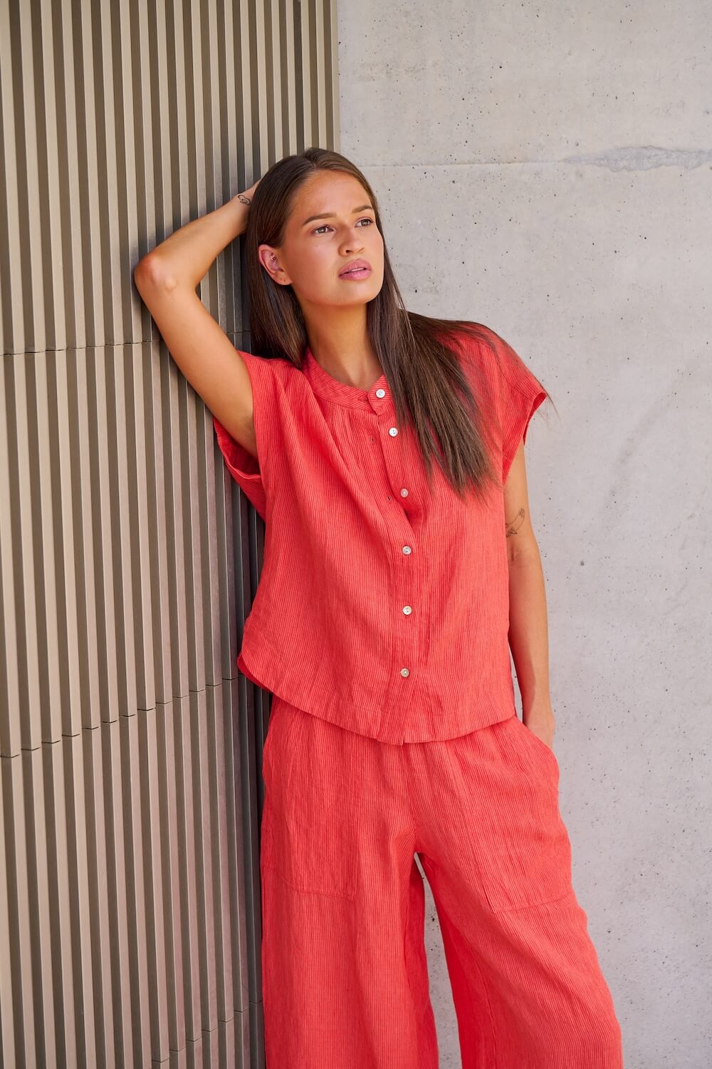 Naturals by O & J - Cap Sleeve Button Up Blouse (GA429) - Sunset Strip