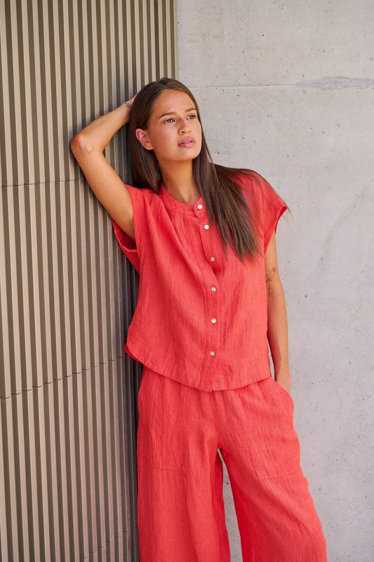Naturals by O & J - Cap Sleeve Button Up Blouse (GA429) - Sunset Strip