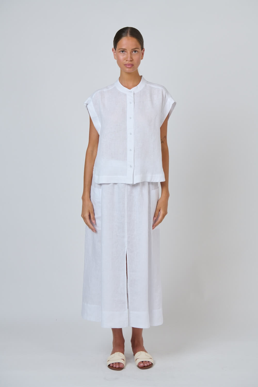 Naturals by O & J - Cap Sleeve Button Up Blouse (GA429) - White
