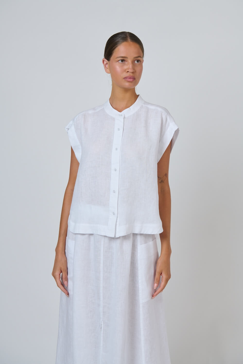 Naturals by O & J - Cap Sleeve Button Up Blouse (GA429) - White