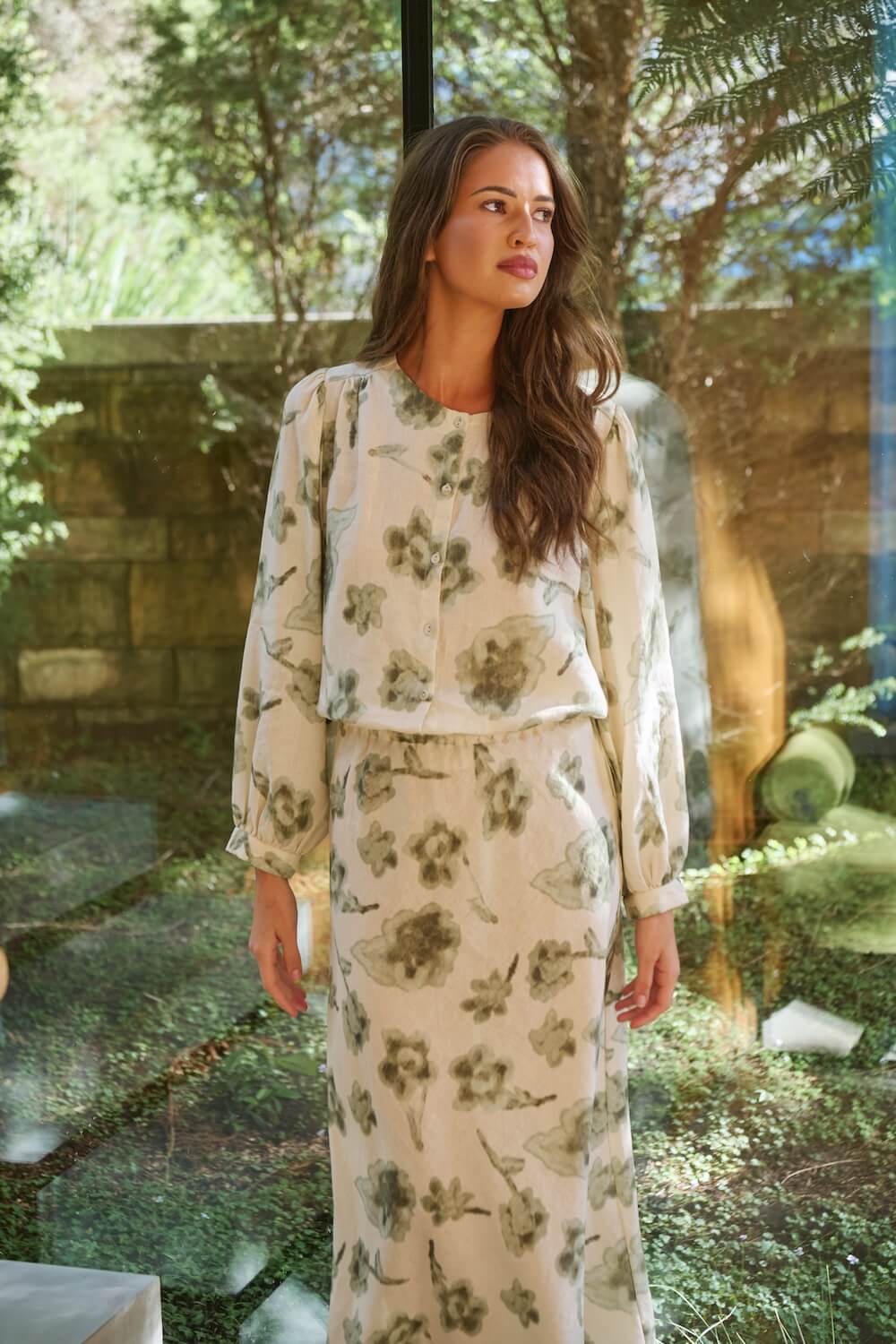 Naturals by O & J - GA645 Statement Sleeve Blouse - Patina Petals