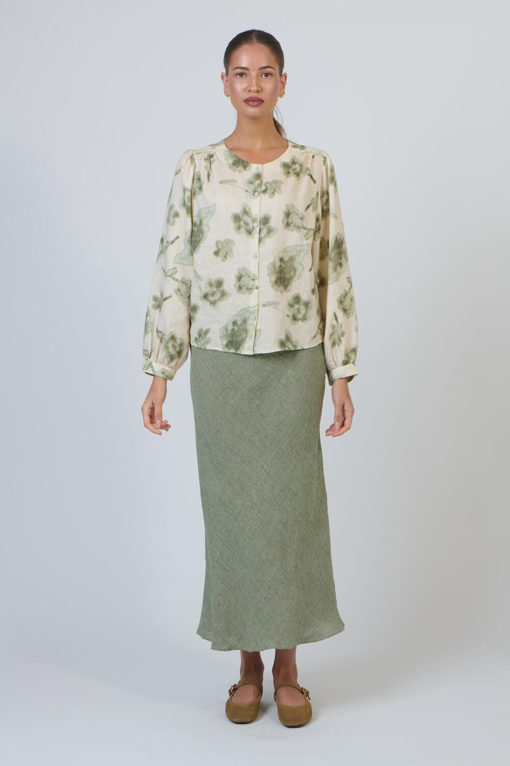 Naturals by O & J - GA645 Statement Sleeve Blouse - Patina Petals